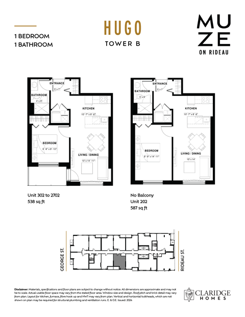 Floor plan for 1 bed, 1 bath, 540 sqft